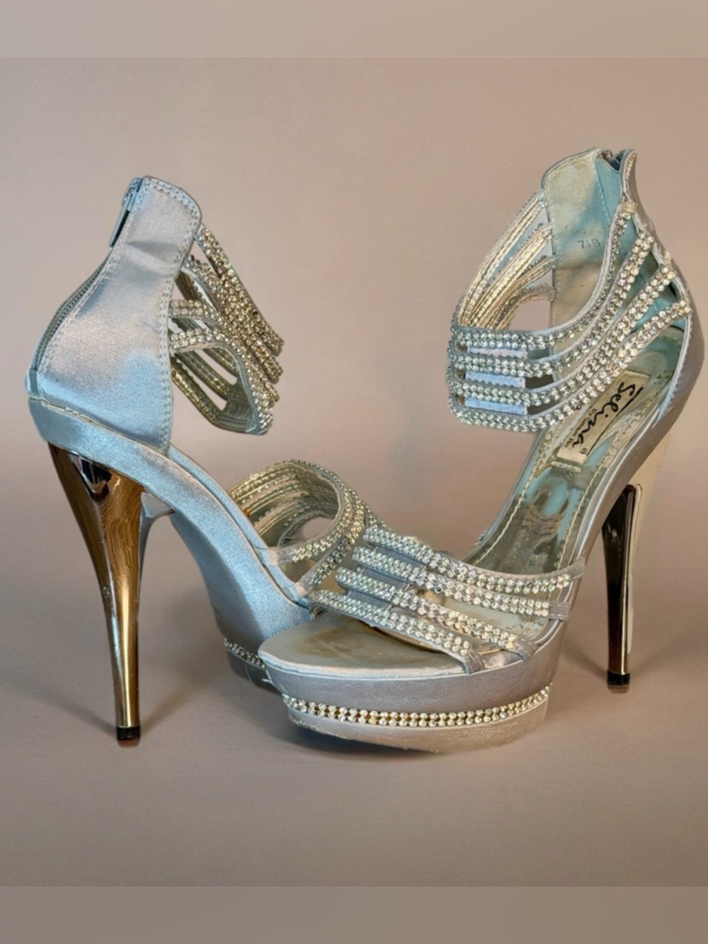 Selina by Summer Rio Silver Rhinestone Platform Stiletto Sandals Heels 7.5B